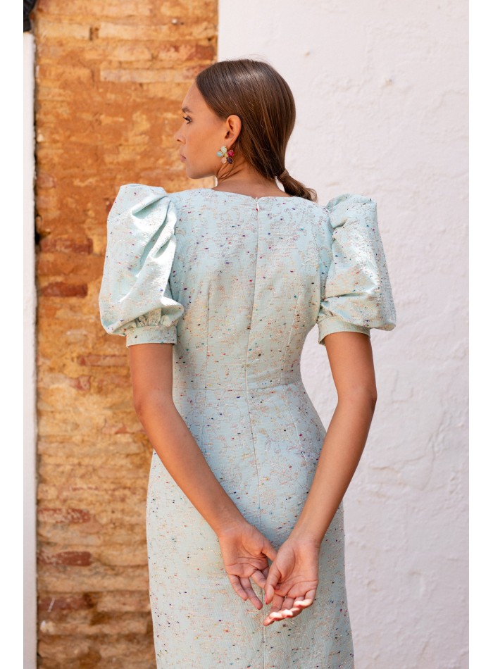 Vestido de cóctel estampado con manga corta abullonada para boda de dia