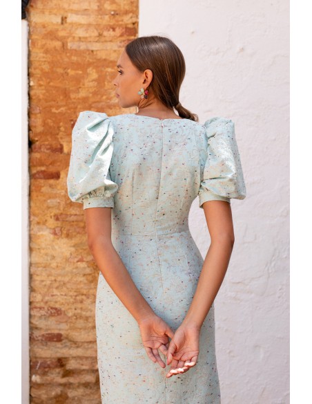 Printed cocktail dress with short puffed sleeves