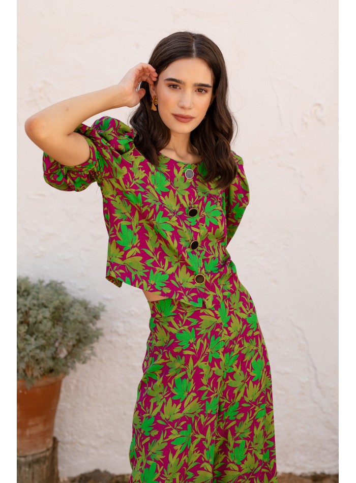 Printed two-piece top and wide pants set