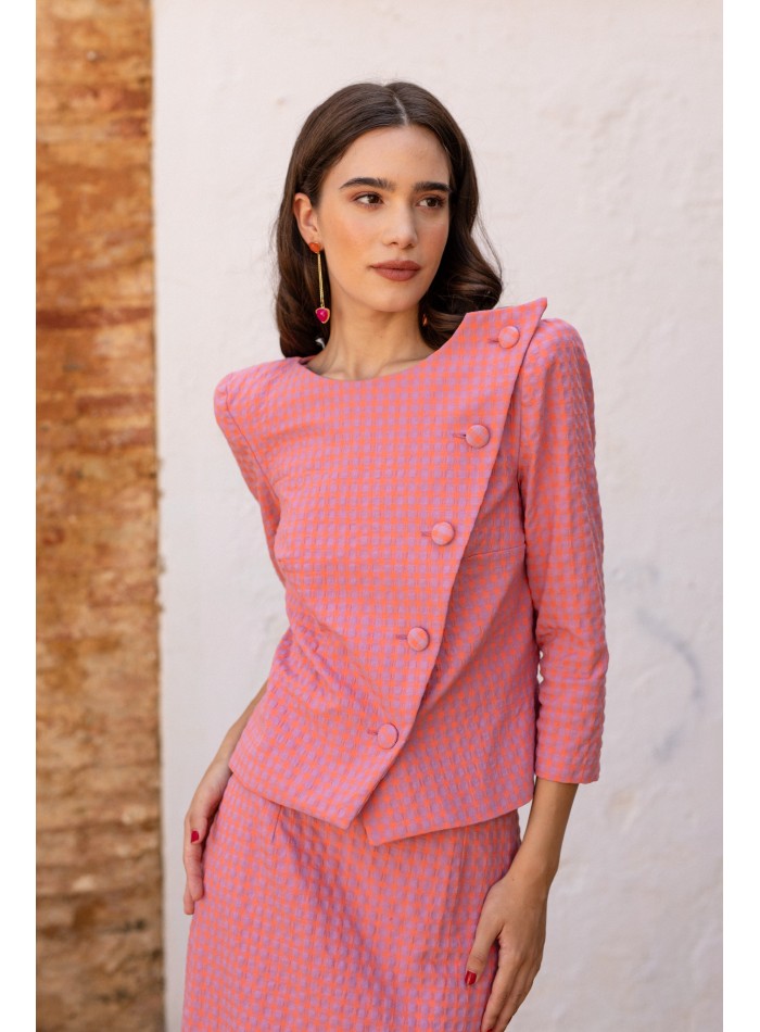 Conjunto top y falda rosa vichy de manga larga para eventos