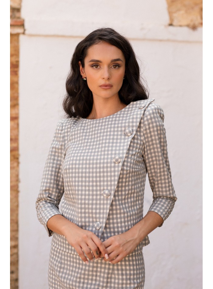 Two-piece gray vichy long-sleeved ensemble