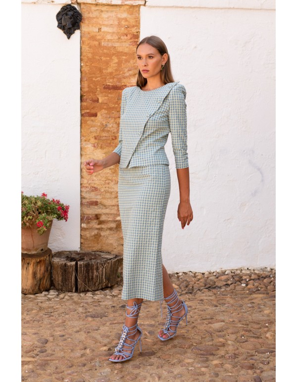 Conjunto top cruzado y falda midi vichy verde 2