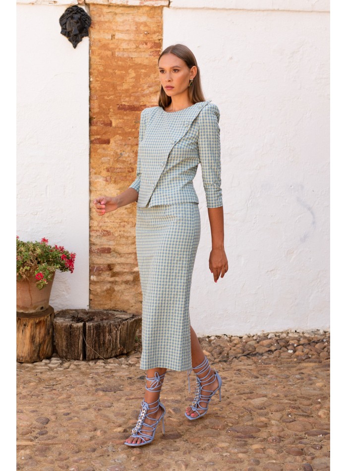 Ensemble top croisé et jupe midi vichy verte