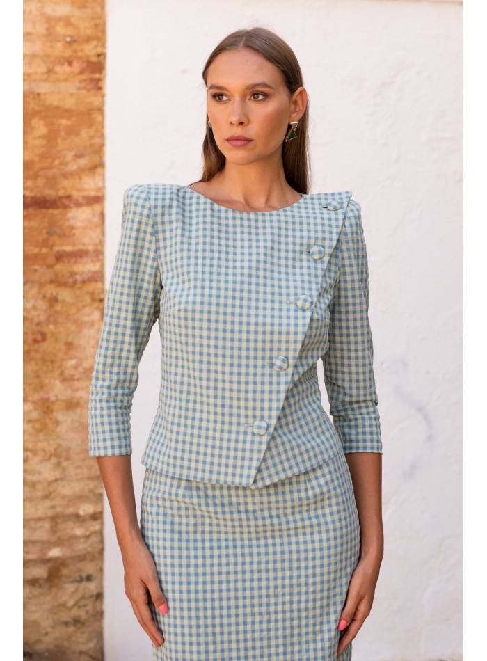 Ensemble top croisé et jupe midi vichy verte