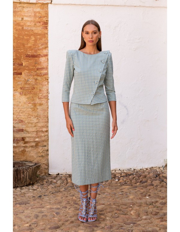 Conjunto top cruzado y falda midi vichy verde