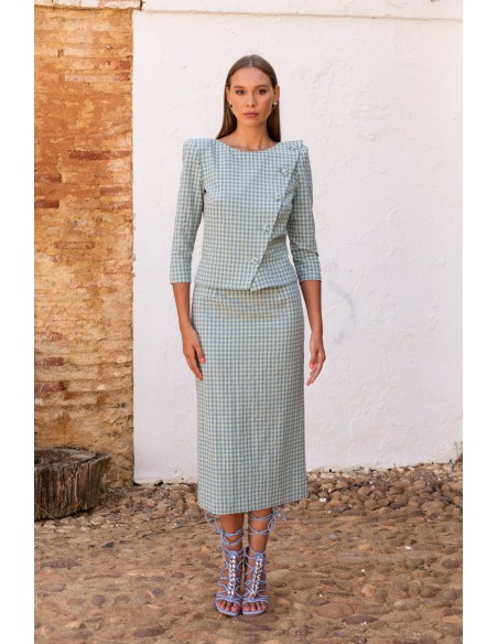 Crossed top and green vichy midi skirt set