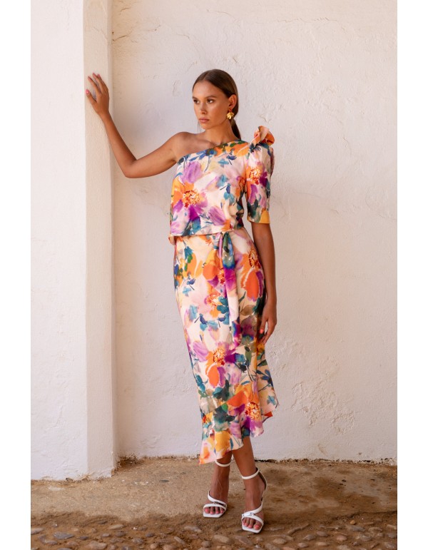 Conjunto dos piezas asimétrico estampado floral blanco para graduaciones