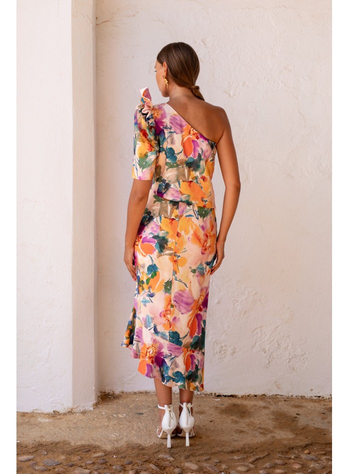 Asymmetrical two-piece white floral print set