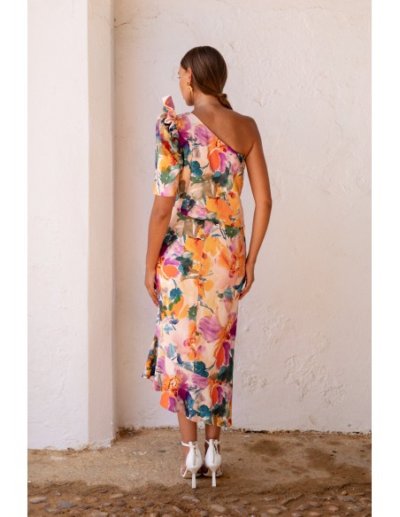 Conjunto dos piezas asimétrico estampado floral blanco para invitada de boda