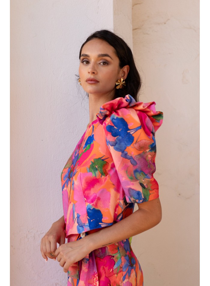 Conjunto top y falda estampado floral rosa para invitada boda