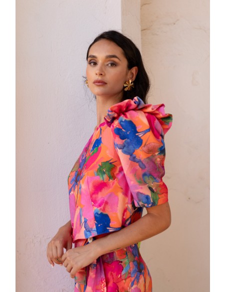 Conjunto top y falda estampado floral rosa para invitada boda