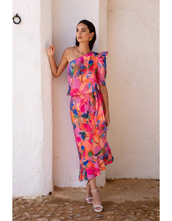 Asymmetrical top and midi skirt pink floral print set