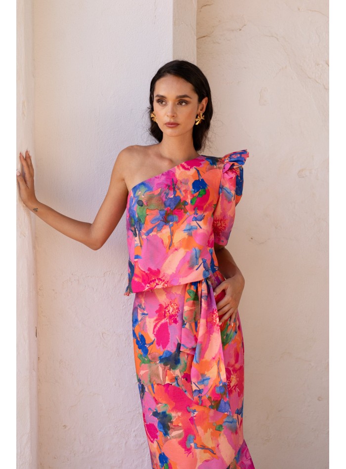 Conjunto top y falda estampado floral rosa para eventos