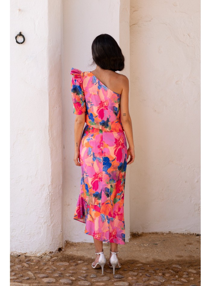 Asymmetrical top and midi skirt pink floral...