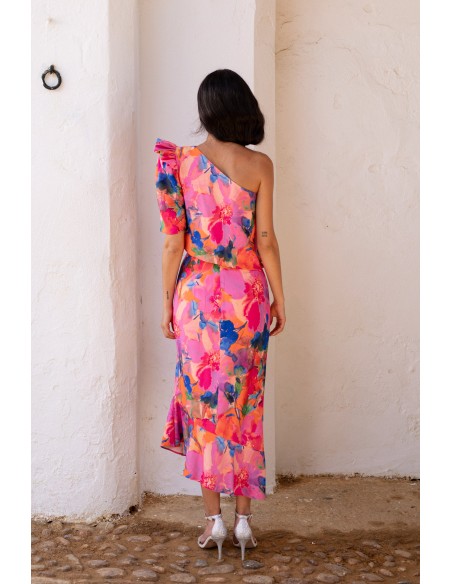 Asymmetrical top and midi skirt pink floral print set
