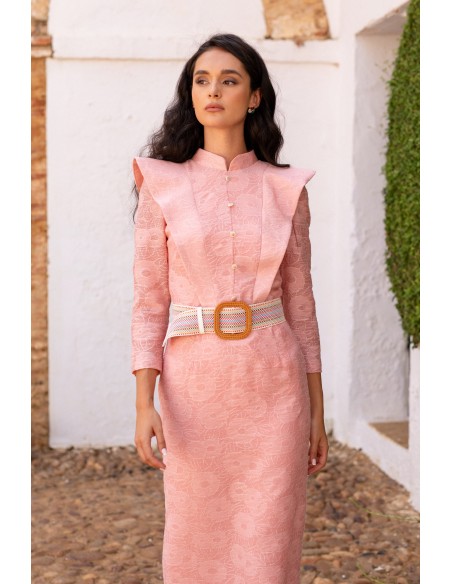 Vestido midi de invitada rosa en encaje floral para eventos