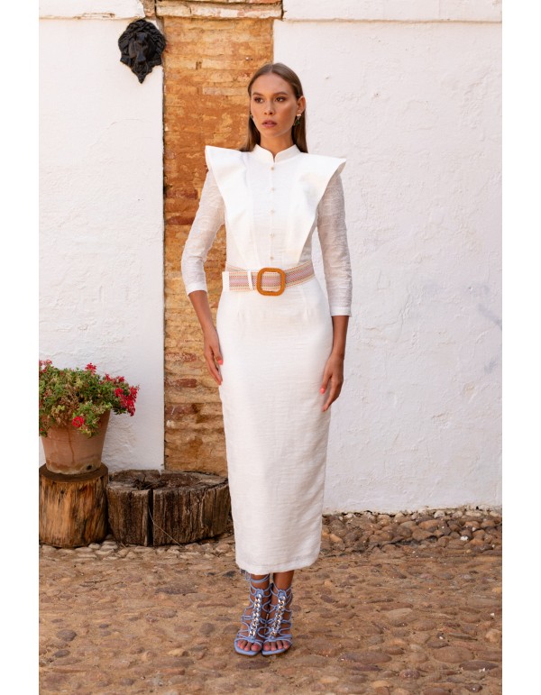 Vestido midi blanco de encaje floral y solapas