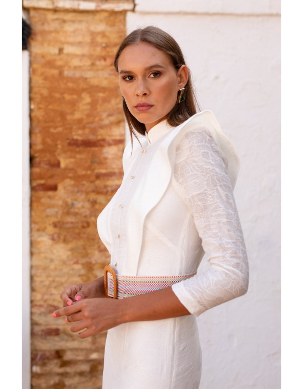 Vestido midi blanco de encaje floral y solapas 2