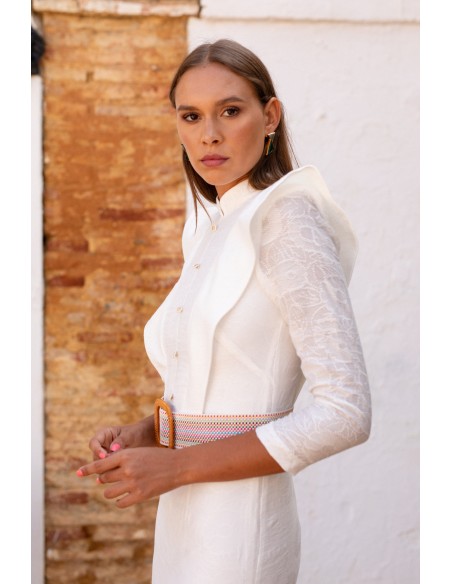 Robe midi blanche avec dentelle florale et rabats