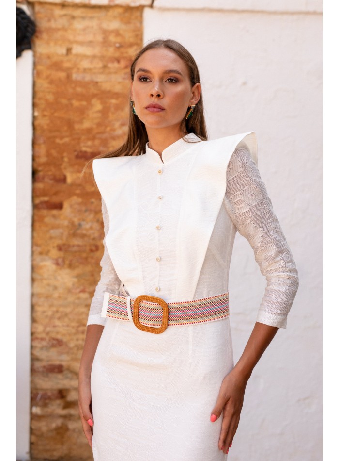 Robe midi blanche avec dentelle florale et rabats