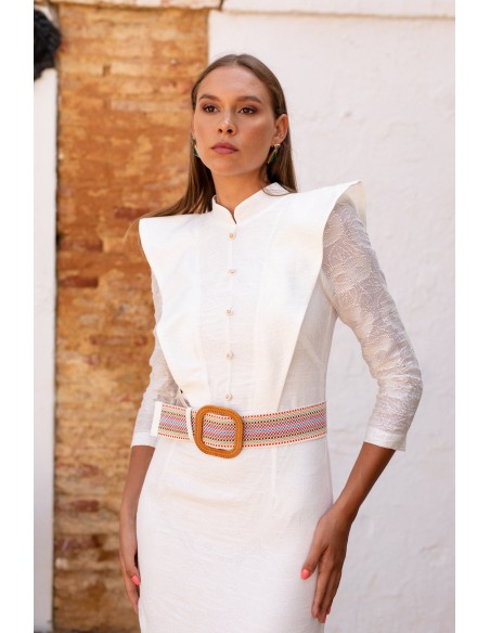 Vestido midi blanco de encaje floral y solapas para mama comunion