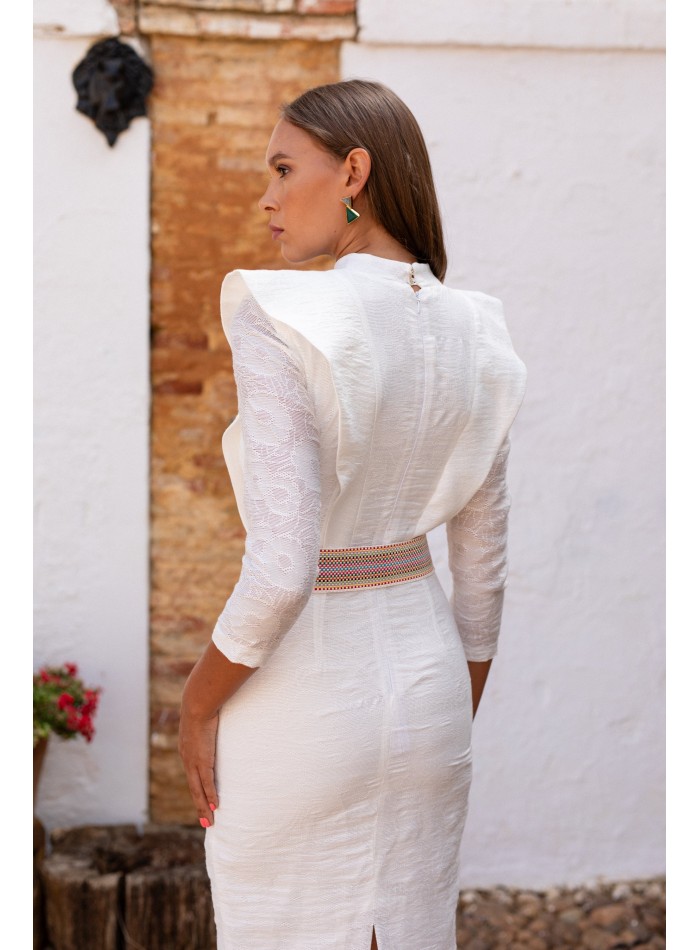 White floral lace midi dress with flaps