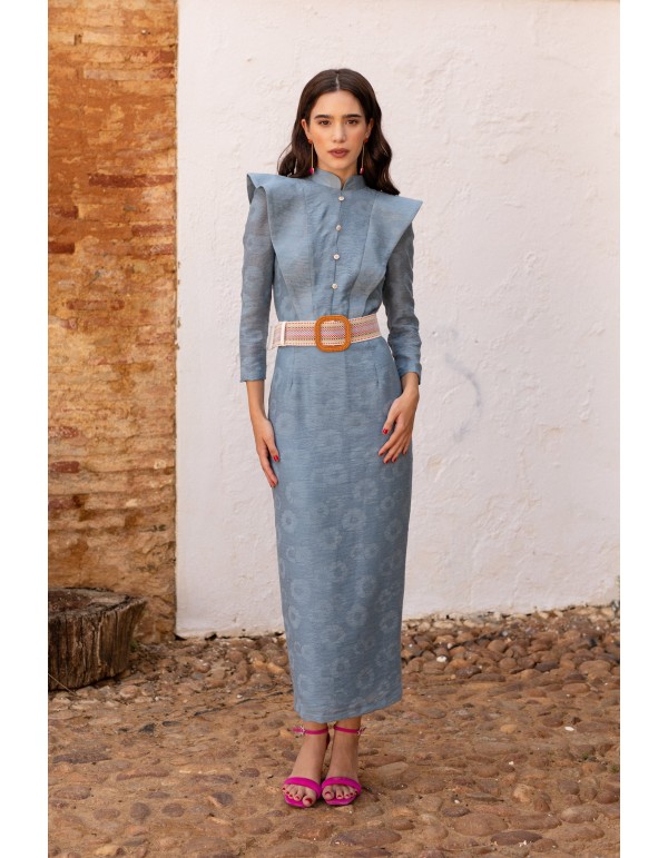 Floral print blue midi guest dress