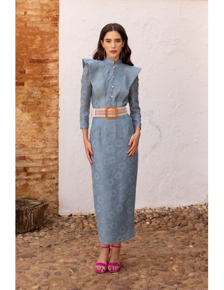 Robe midi d'invité bleue à imprimé floral