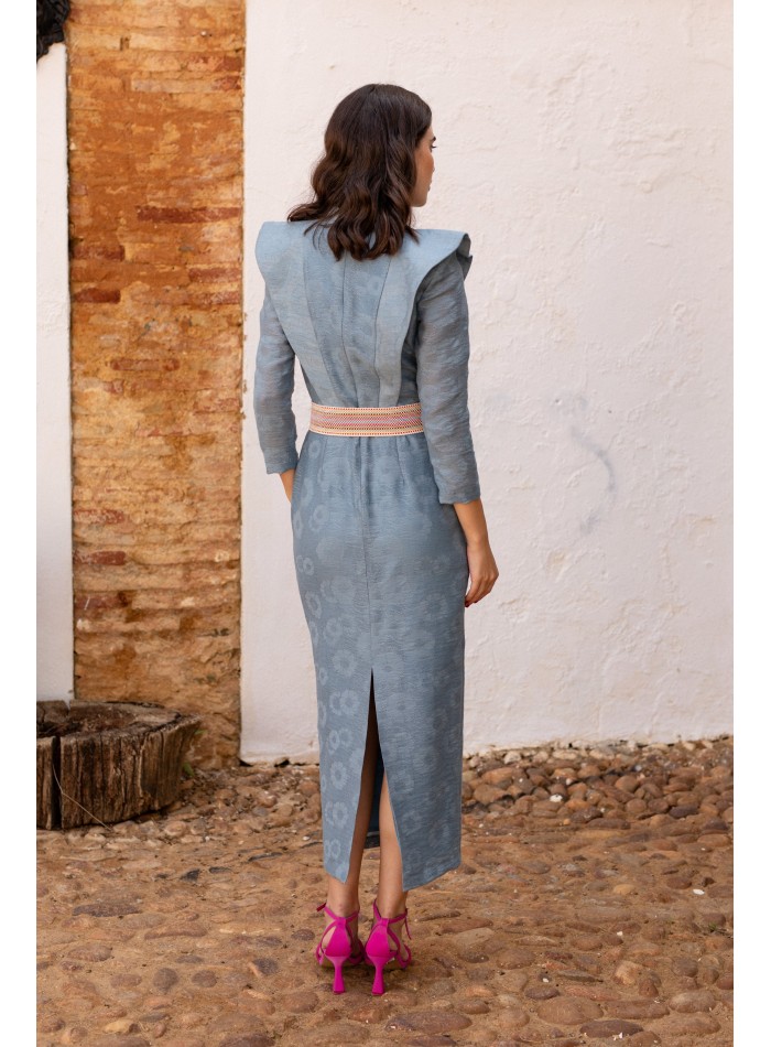 Robe midi d'invité bleue à imprimé floral