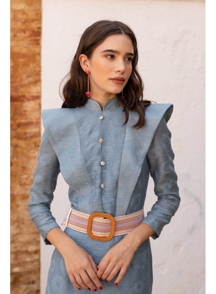 Robe midi d'invité bleue à imprimé floral