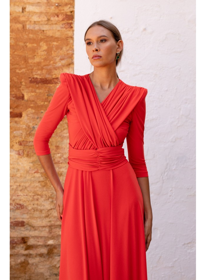Orange midi guest dress with crossover neckline