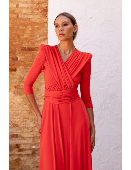 Orange midi guest dress with crossover neckline