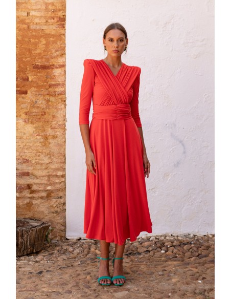 Orange midi guest dress with crossover neckline