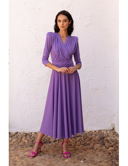Mauve knitted midi dress with draped bodice