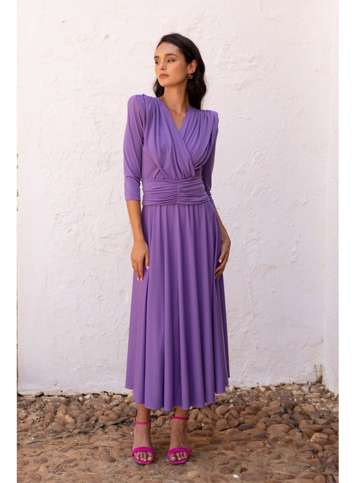 Mauve knitted midi dress with draped bodice