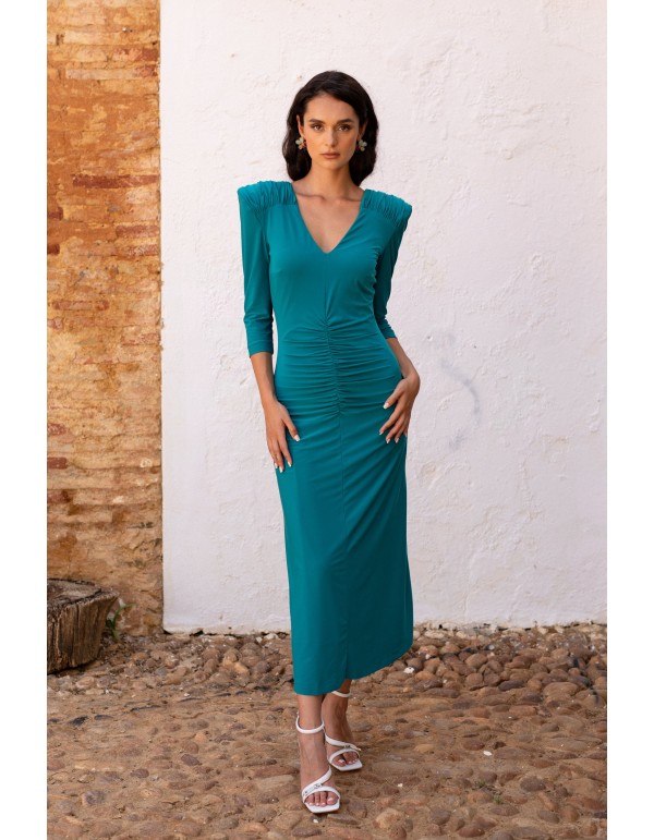 Vestido midi de invitada verde con espalda cascada