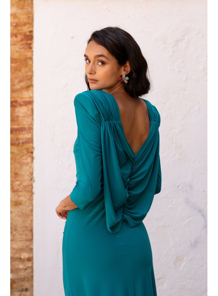 Green midi guest dress with waterfall back