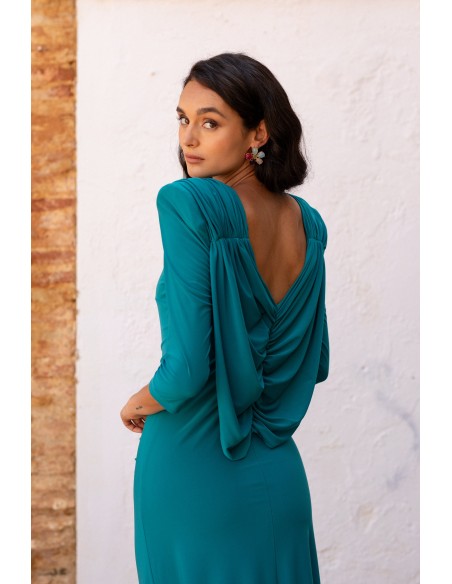 Robe d'invité midi verte avec dos en cascade