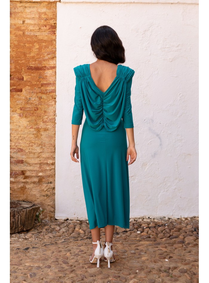 Robe d'invité midi verte avec dos en cascade