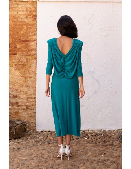 Robe d'invité midi verte avec dos en cascade