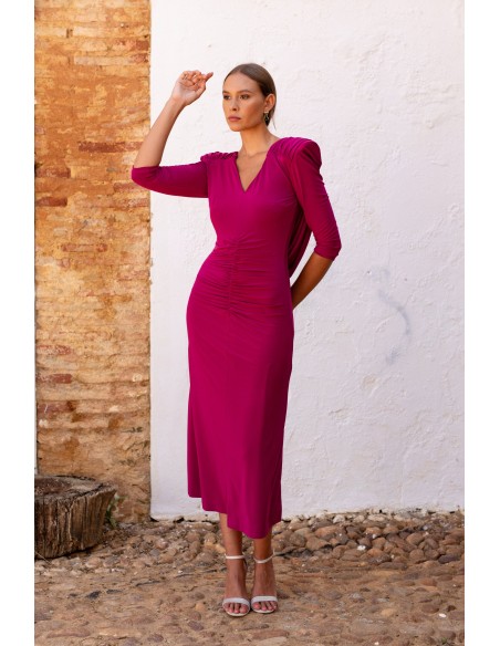 Purple knitted midi dress with draped back