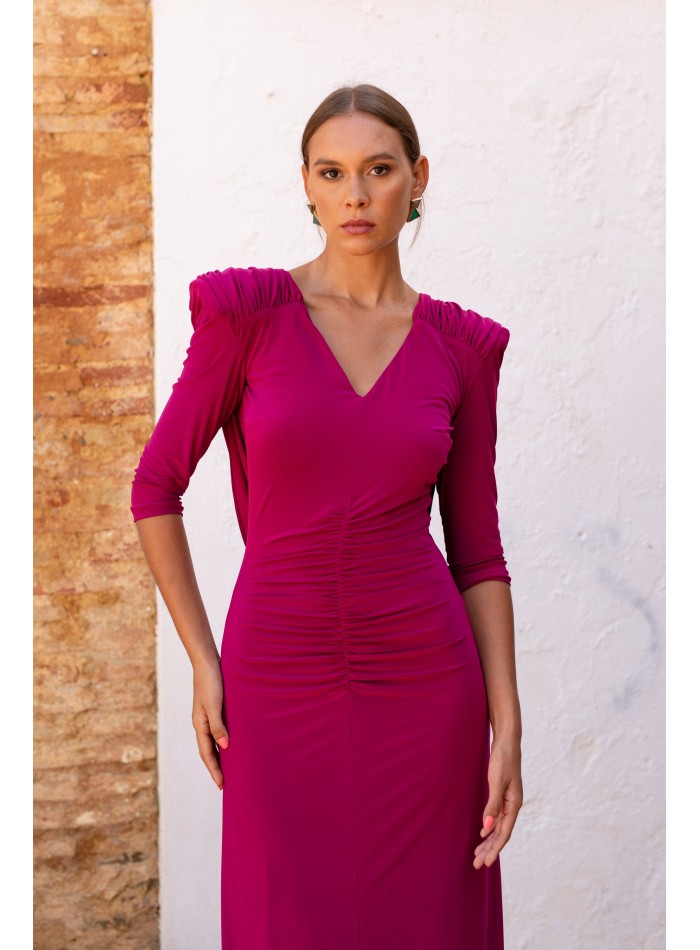 Vestido midi de punto morado con espalda drapeada para boda