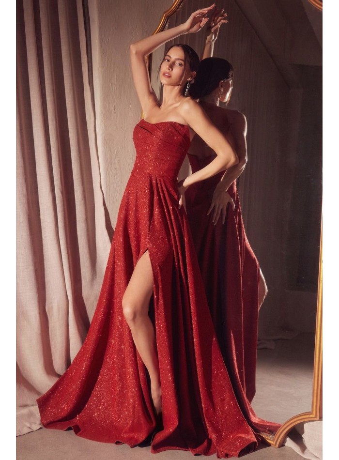 Strapless long gown with shiny fabric