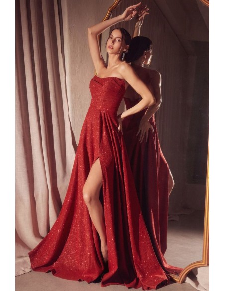Strapless long gown with shiny fabric