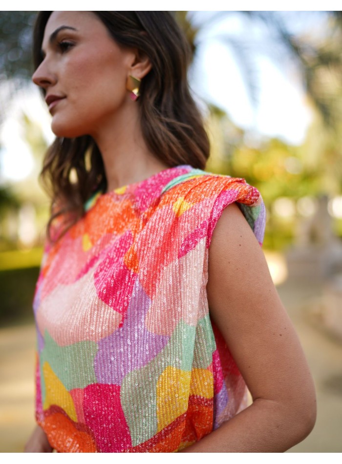 Multicolor party top with sequins and shoulder...