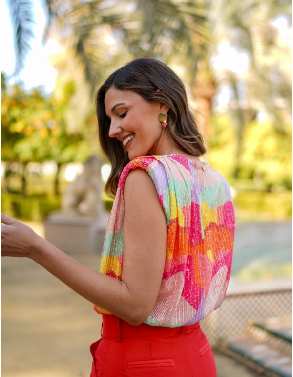 Top de fête multicolore avec paillettes et épaulettes 2