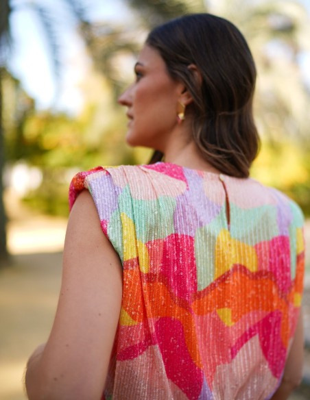 Top de fête multicolore avec paillettes et épaulettes