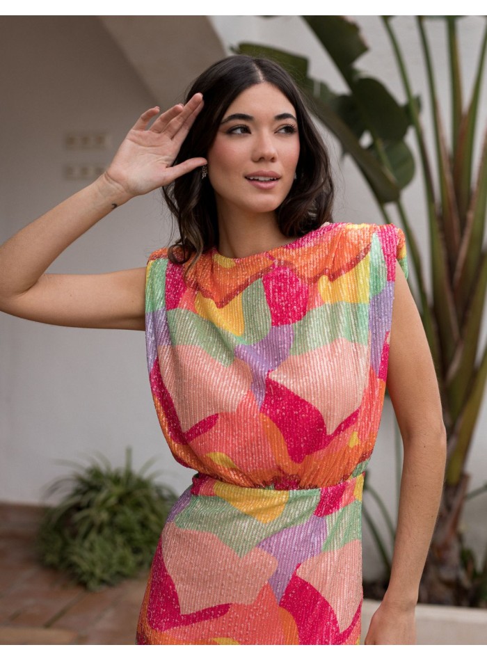 Multicolor midi dress with sequins and shoulder...