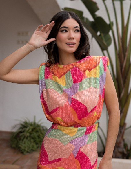 Robe midi multicolore avec paillettes et épaulettes