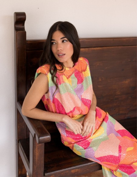 Multicolor midi dress with sequins and shoulder pads